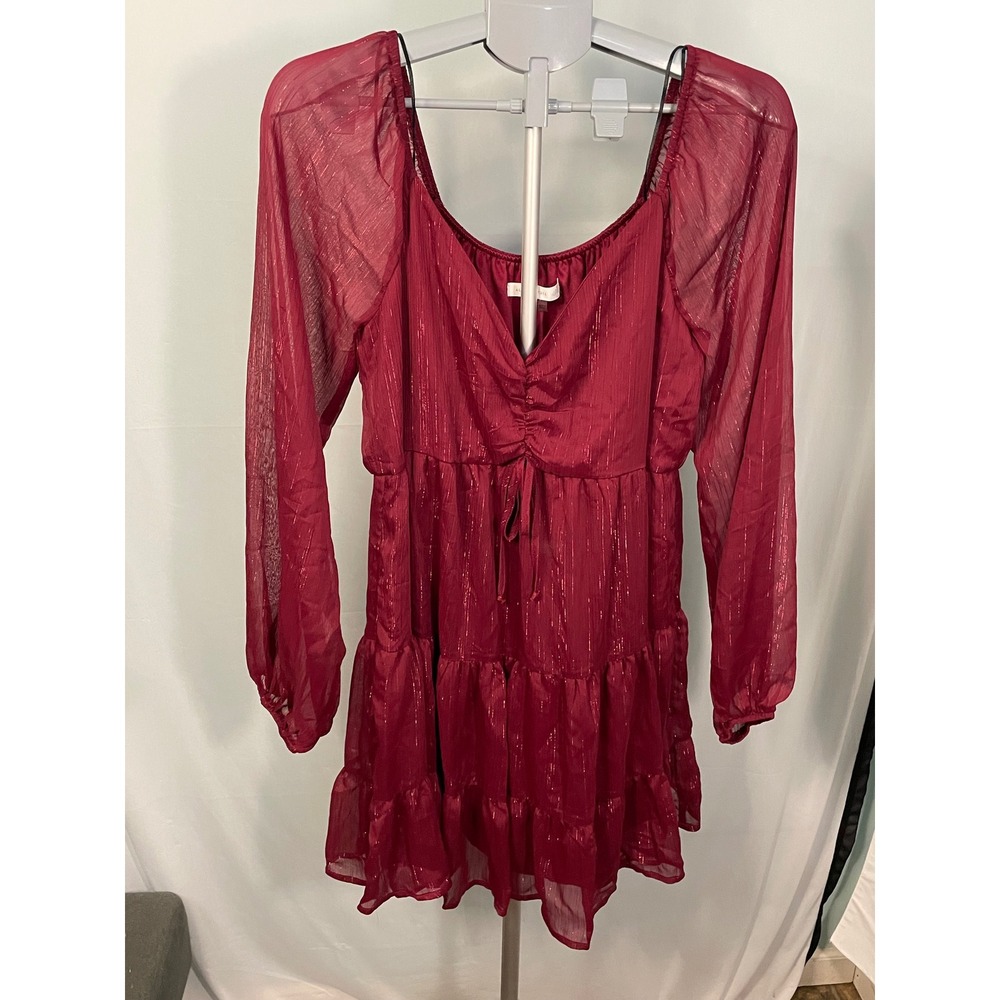 Altar State Burgundy Metallic Tiered Long Sleeve Babydoll Dress‎ XL